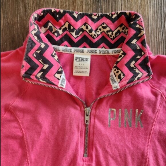 🐆💖PINK Victoria’s Secret 1/4 Zip Pullover Hot Pink Cheetah Y2K Collar-S - Picture 3 of 4
